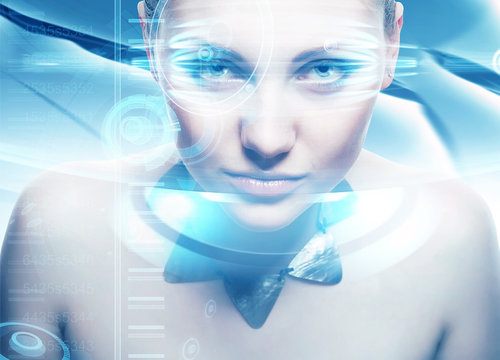 Robot woman with lighting eyes and virtual hologram interfase