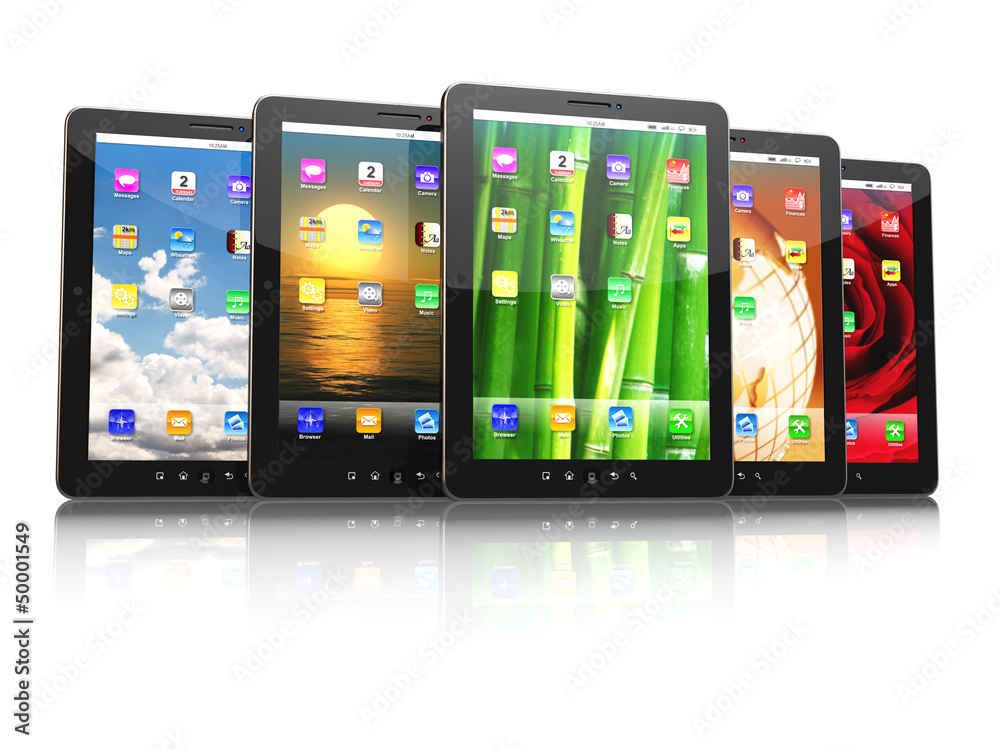 Poster group of digital tablet pc with different screen backgrounds