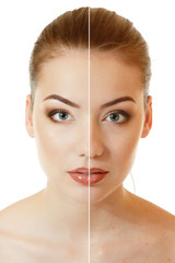 face of beautiful young woman before and after retouch