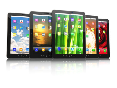 Group of digital tablet pc with different screen backgrounds