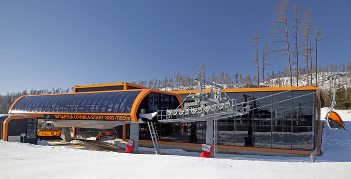 Orange cableway in Tatranska Lomnica - High Tatras, Slovakia
