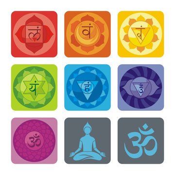 Spiritual set with chakras and yoga icons
