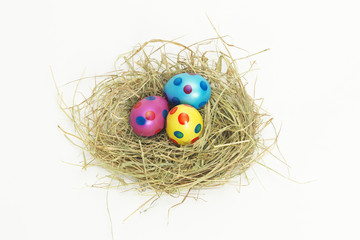 Fototapeta na wymiar Gniazdo pełne kolorowych jaja wielkanocne z góry