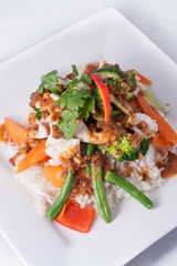 chicken stir-fry with vegetable and rice asia food