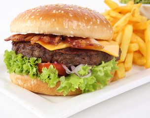 Fresh Burger with ham, cheese, salad and french fries