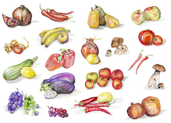 Watercolor fruits and vegetables set