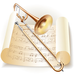 Obraz premium Classical trombone with notes in retro style