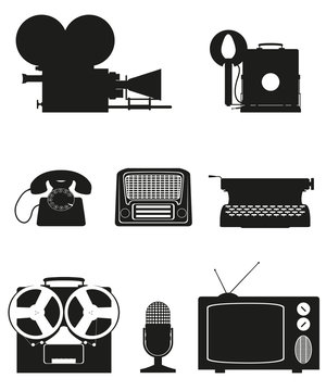 vintage and old art equipment silhouette video photo phone recor