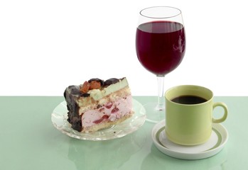 layer-cake,glass of wine and black coffee