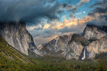 Tunnel View during a clearing storm with the moon rising