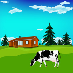Vache laitière sur un pré vert des Alpes. Paysage des Alpes. Vecteur
