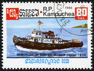 stamp printed by CAMBODIA shows ship