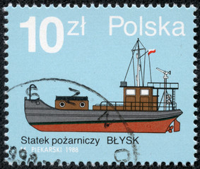 stamp printed by POLAND shows image of a fireboat
