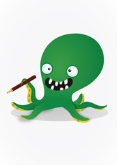 Crazy green octopus with a pencil