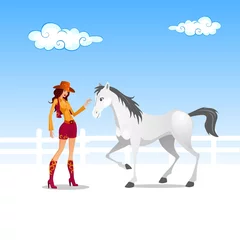 Foto auf Acrylglas Wilder Westen Cowgirl und weißes Pferd
