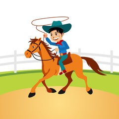 little cowboy riding horse and lasso throwing