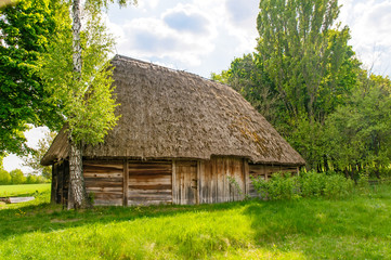Plakat A typical antique Ukrainian wooden country house or farm with a thatch roof, in the countryside near Kiev 