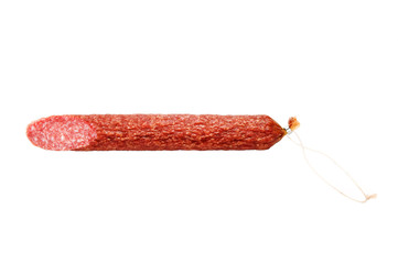 one salami sausage on white background