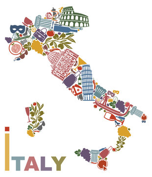 Traditional symbols of Italy in the form of a map