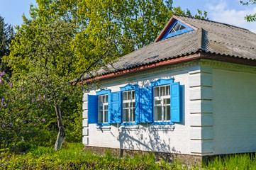 Fototapeta na wymiar A typical white and blue Ukrainian house, in the countryside near Kiev 