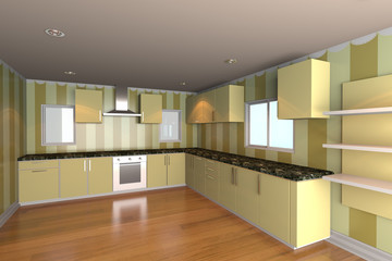 kitchen room with yellow wallpaper