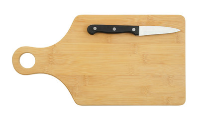 Knife on cutting board isolated on white