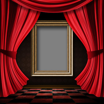 Red Curtain Room With Wooden Frame