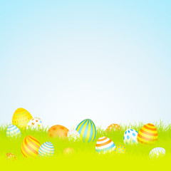 16 Easter Eggs Blue/Yellow/Orange Background Meadow Sky