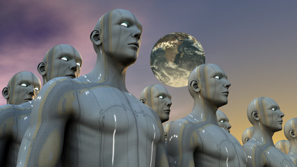 Figuras humanoides y planeta lejano © Miguel Aguirre