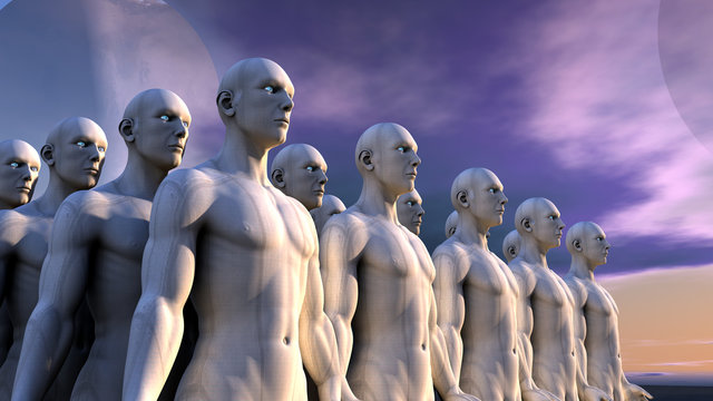 Figuras humanoides y planeta lejano