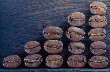 Coffee beans are in a wooden box