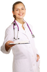 Female doctor giving folder, isolated on white background