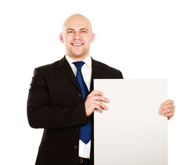 A business man with an empty blank, isolated on white background