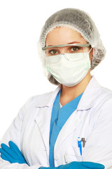 Close-up portrait of nurse or doctor in white