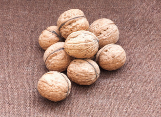 walnuts close up on the burlap background