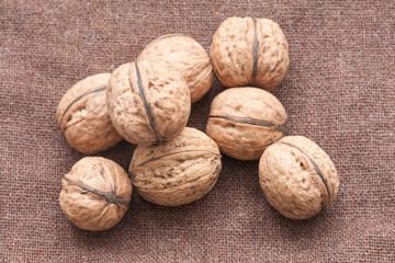 walnuts close up on the burlap background