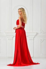 beautiful woman in red long dress.