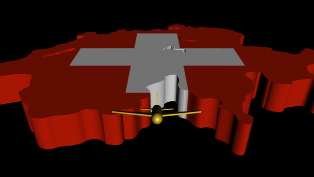 Plane taking off from Switzerland map flag animation