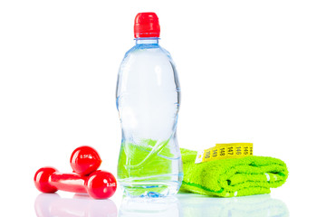 bottles dumbbells towel tape