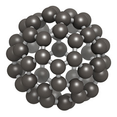 Buckminsterfullerene (buckyball, C60), molecular model.