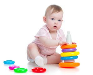 child playing with colorful toy isolated on white