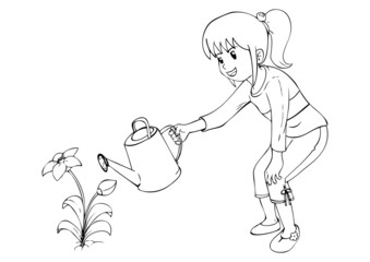 Outline illustration of little girl watering the flower