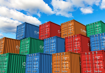 Stacked cargo containers in port - obrazy, fototapety, plakaty