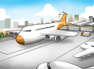 Fotobehang Vliegtuigen Cartoon afbeelding van een luchthaven