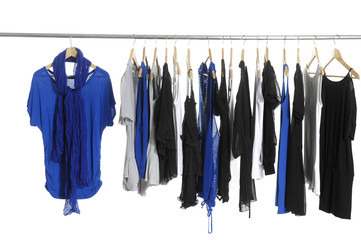 Scarf with blue shirt and s Variety of fashion clothes hangers