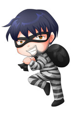 Cute cartoon illustration of a thief carrying a bag