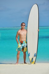 Man with surf board on beach