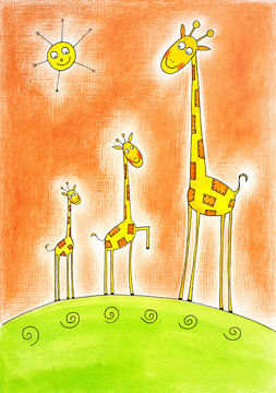 Three happy giraffes, child's drawing, watercolor painting