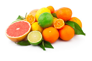 Set of fresh citrus fruits with green leaves, isolated on