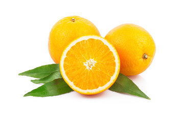 Naklejka na ściany i meble Fresh oranges fruit with green leaves, isolated on white